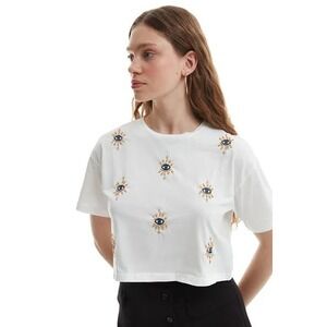 Balboa Embellished Eye Crop Top Beaded Short‎ Sleeve Top White XL, NWT